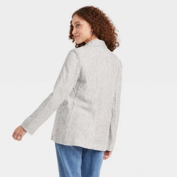 A New Day Beige Seersucker Single Button Blazer 4 - Picture 2 of 5